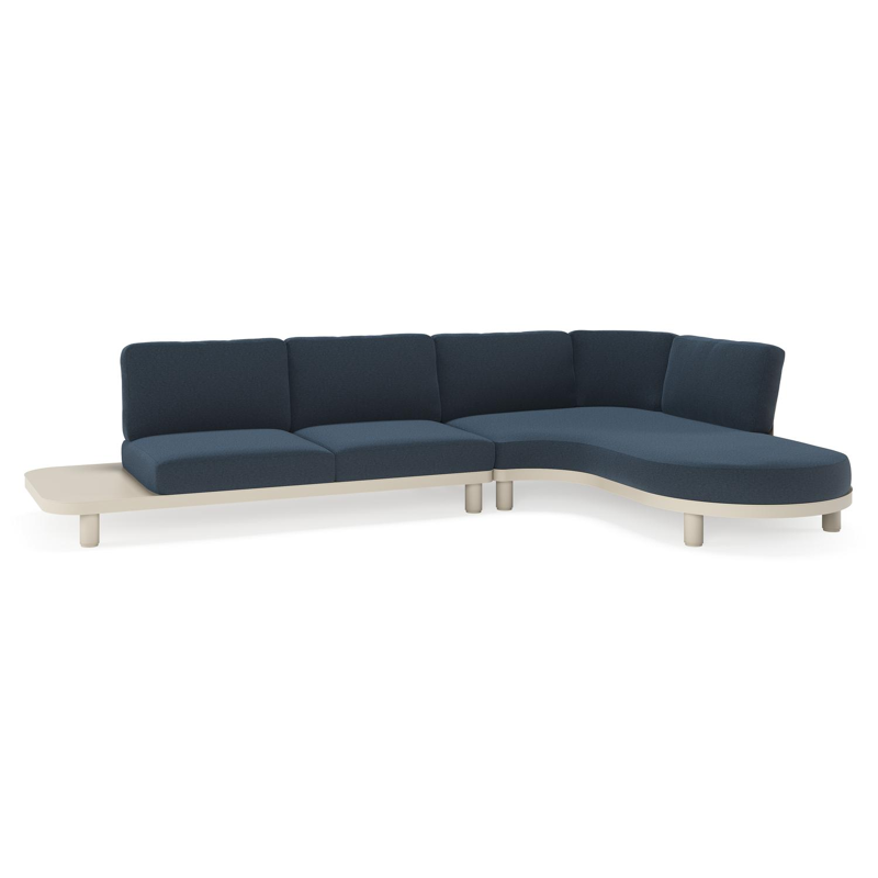 Salon de jardin d'angle Donato en aluminium beige et coussins en All Weather Sunbrella® luxe heritage indigo