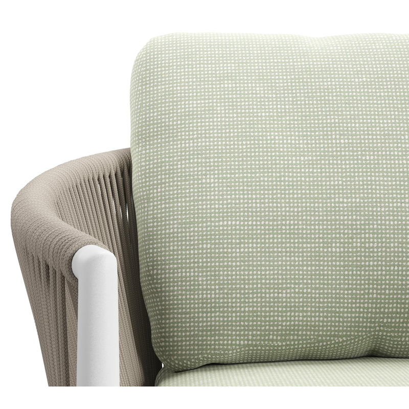 Organo tuinstoel in beige aluminium en beige verticaal geweven ronde rope met stoelkussen in All Weather Sunbrella® Luxe Slow Spirea