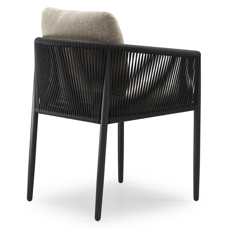Organo tuinstoel in beige aluminium en beige verticaal geweven ronde rope met stoelkussen in All Weather Sunbrella® Luxe Chartres Pewter