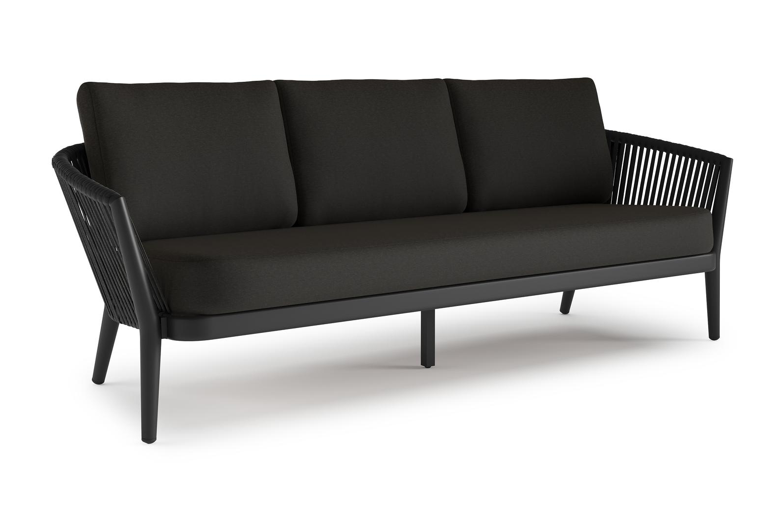 Orso loungebank in zwart aluminium en zwart verticaal geweven luxe vlakke rope met Heritage Char all weather sunbrella® luxe kussen