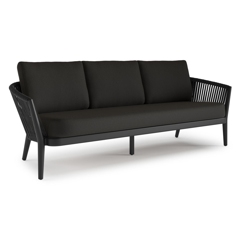 Orso loungebank in zwart aluminium en zwart verticaal geweven luxe vlakke rope met Heritage Char all weather sunbrella® luxe kussen