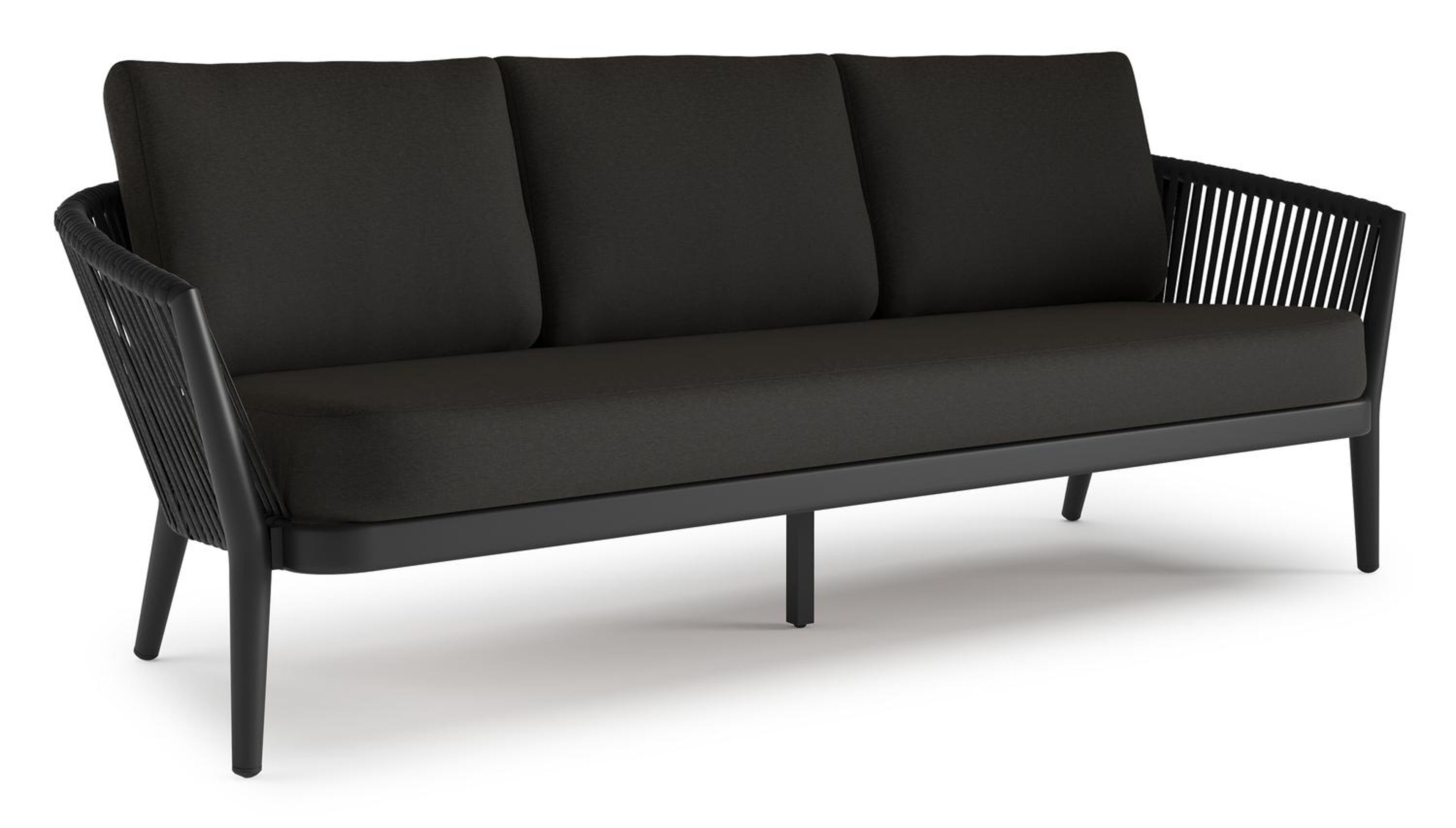 Canapé de jardin Orso en aluminium noir en corde luxe plate tissée verticalement noir et coussins en all weather sunbrella® luxe Heritage char