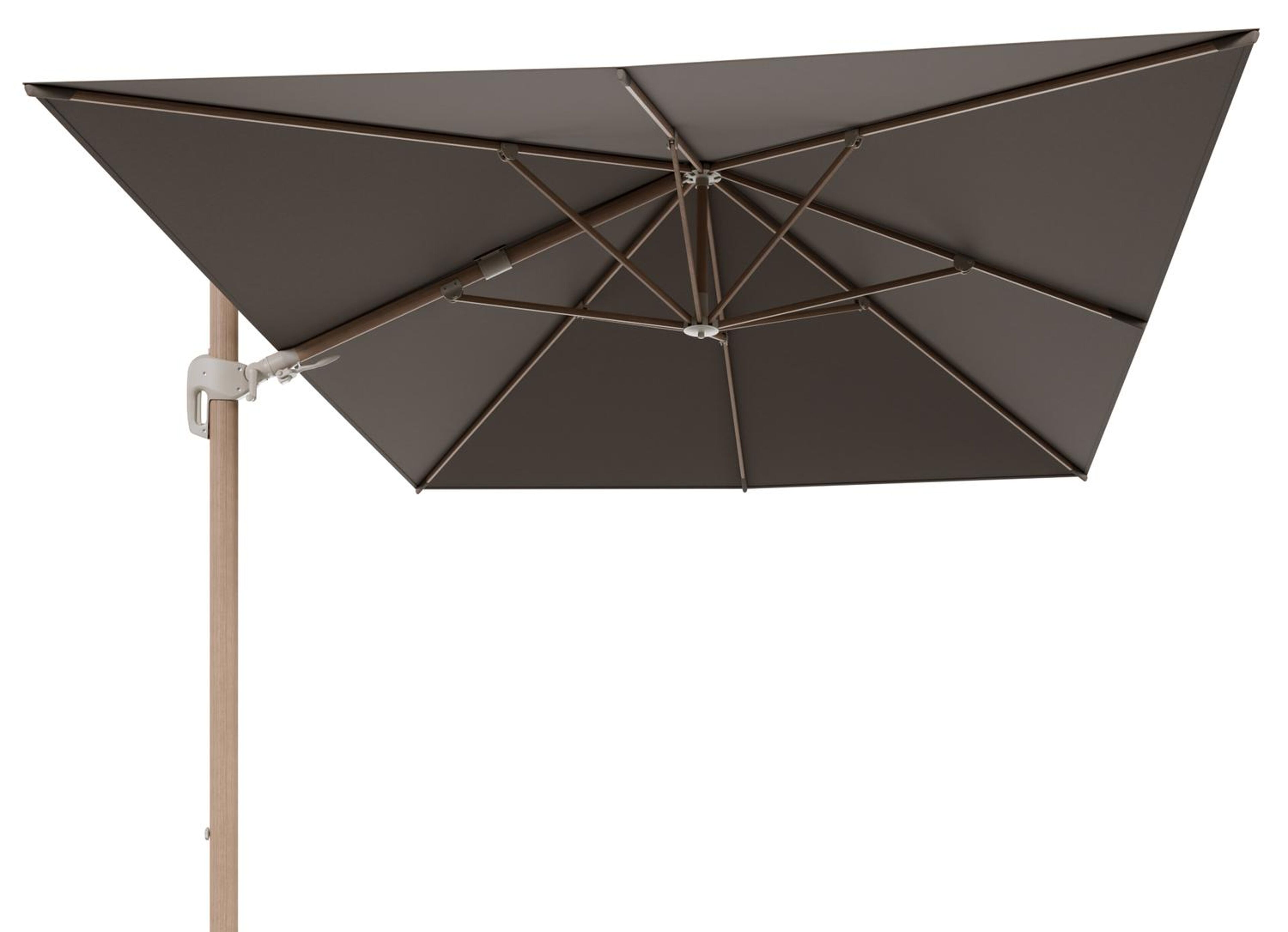 Parasol pendant Rufina avec fonction tilt en aluminium aspect de bois et toile de parasol en All Weather Sunbrella® Luxe Natte Heather Grey  - Lg.1 400 x Lg.2 300 cm (sans pied de parasol
