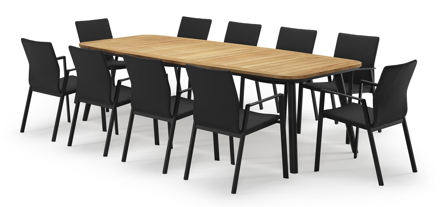 Mosa bootvormige tuinset in zwart aluminium en teak natural finish met 10 Madura tuinstoelen