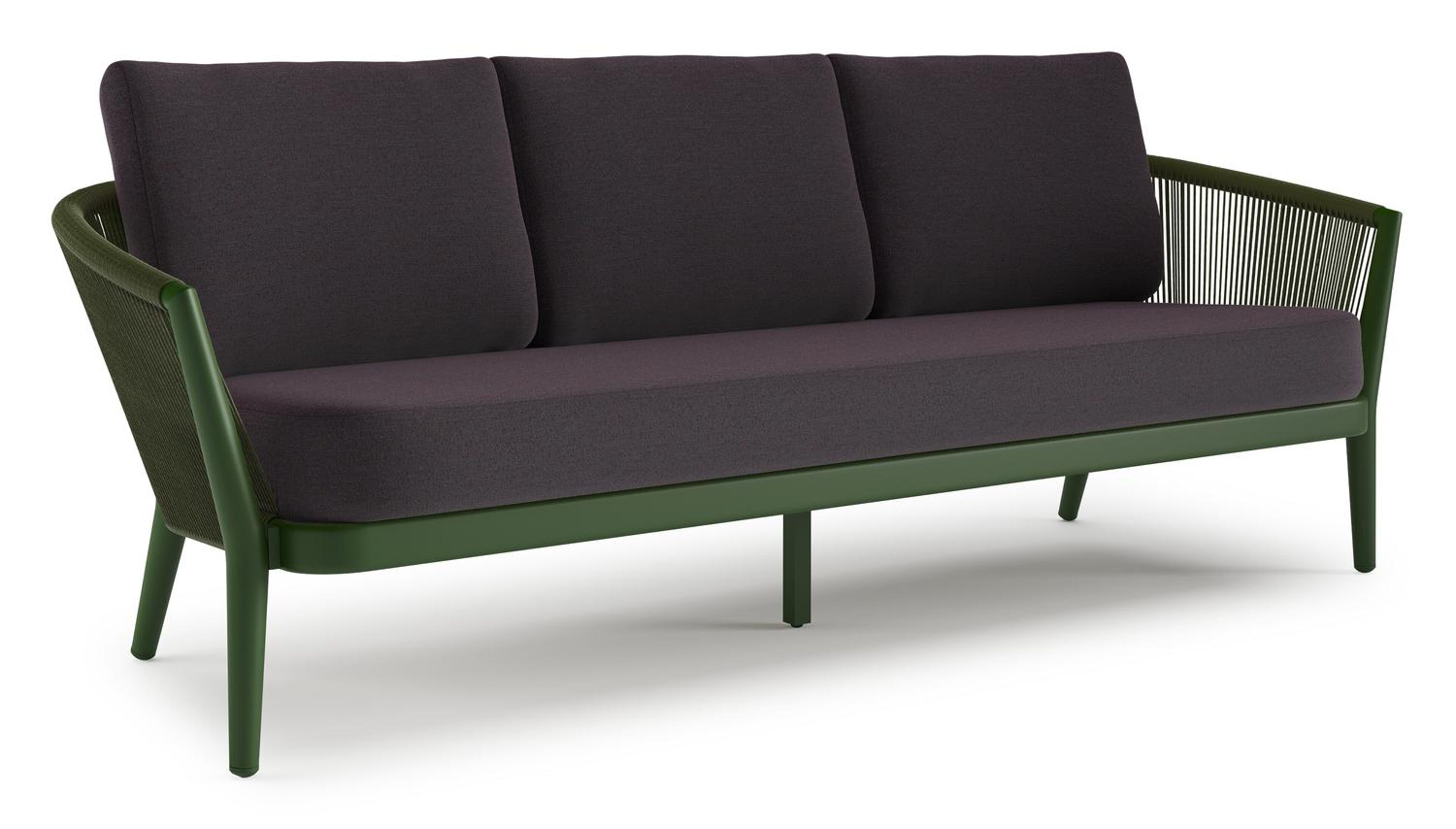 Orso loungebank in groen aluminium en groen verticaal geweven ronde rope met Tundra Red all weather sunbrella® luxe kussen