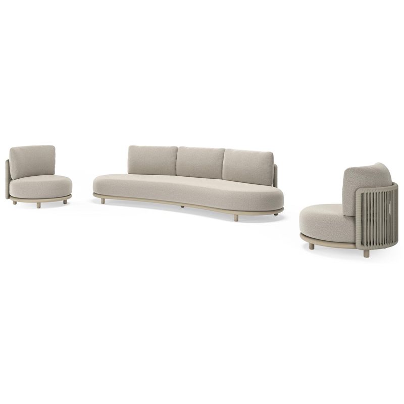 Salon de jardin Lomano en aluminium beige et corde luxe plate tissÃ©e verticalement beige et coussins en all weather solica Firenze Sand