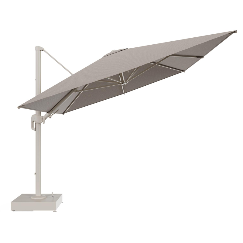 Rufina zweefparasol met tiltfunctie in beige aluminium en Firenze Earth All Weather Solica parasoldoek - L1 400 x L2 300 cm met parasolvoet Minore 150 kg met wielen