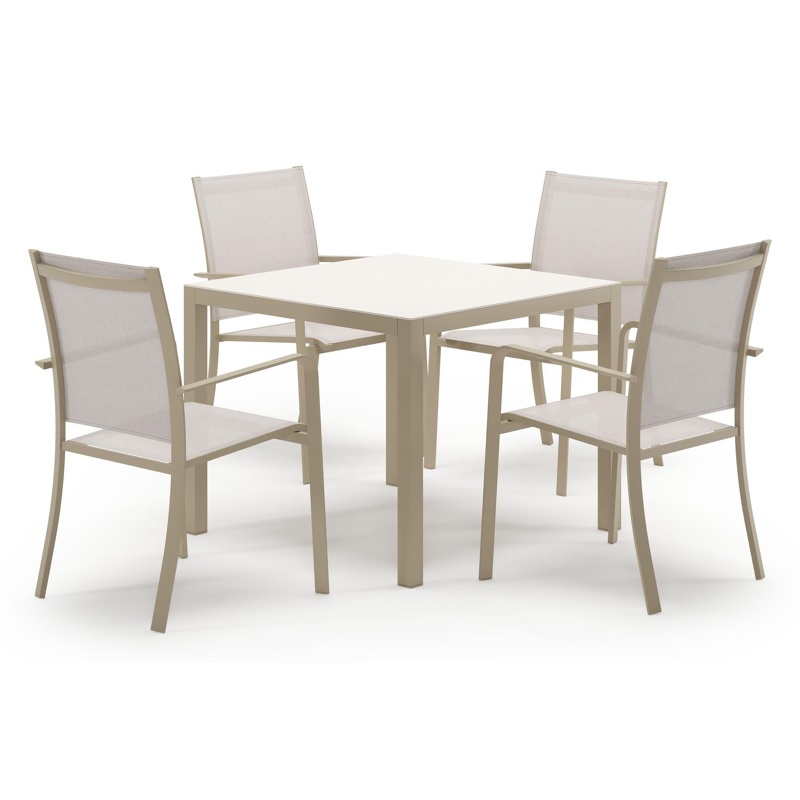Ensemble de jardin Feltro en aluminium beige et sintered stone crema minerale avec 4 chaises de jardin empilable Calobra