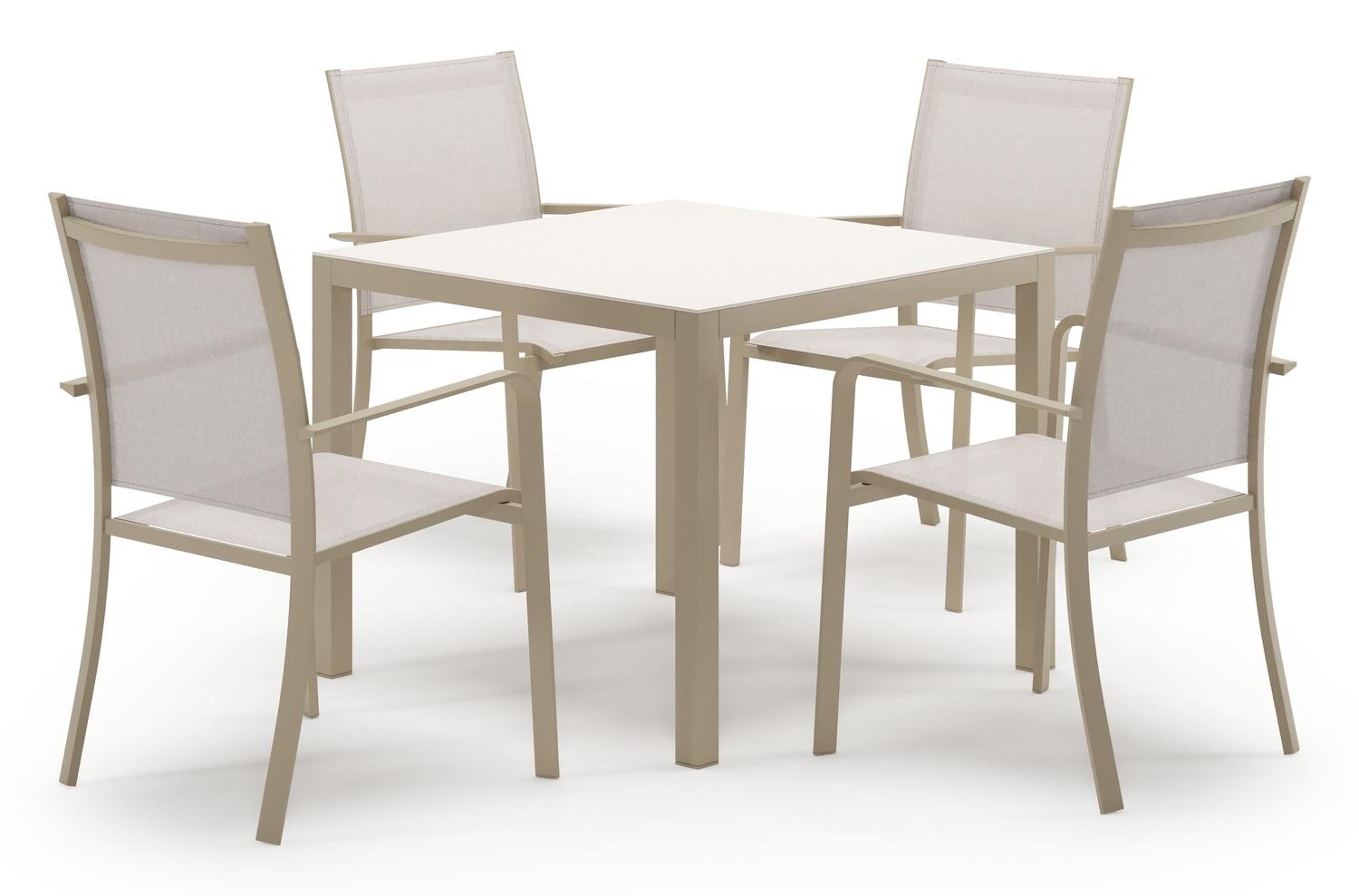 Ensemble de jardin Feltro en aluminium beige et sintered stone crema minerale avec 4 chaises de jardin empilable Calobra