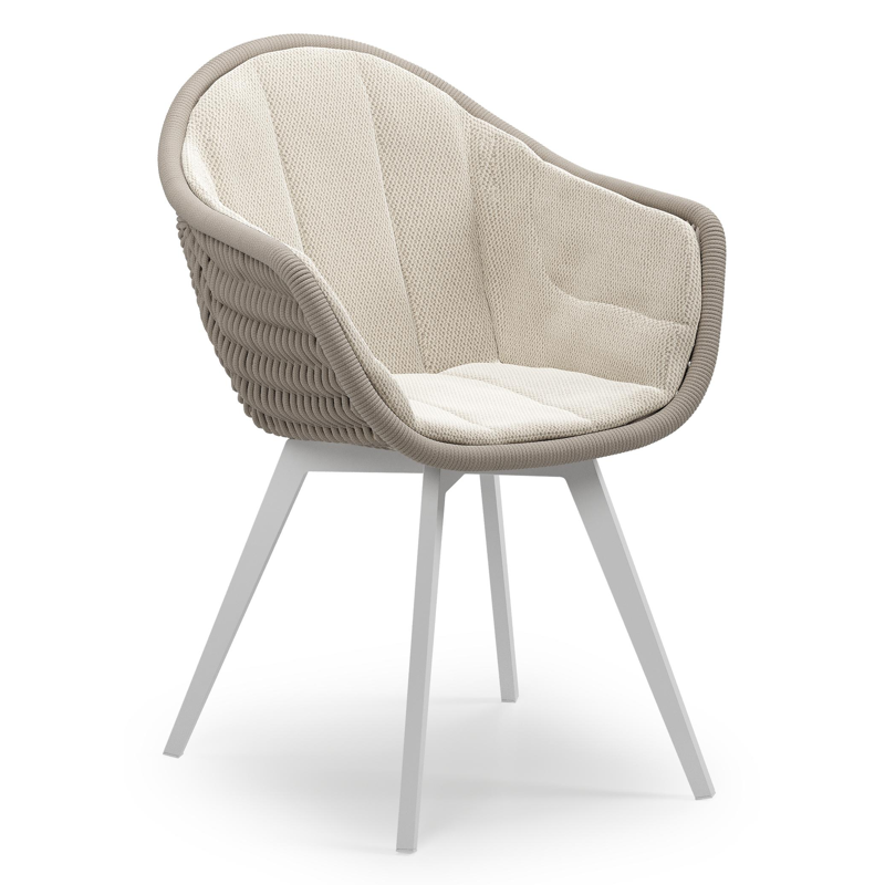 Pagino tuinstoel in wit aluminium en beige ronde wicker met kussen in lopi marble all weather sunbrella® luxe