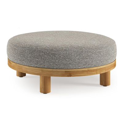 Donato lounge poef in teak en beige verticaal geweven ronde rope met all weather sunbrella® luxe Tundra Pepper kussen