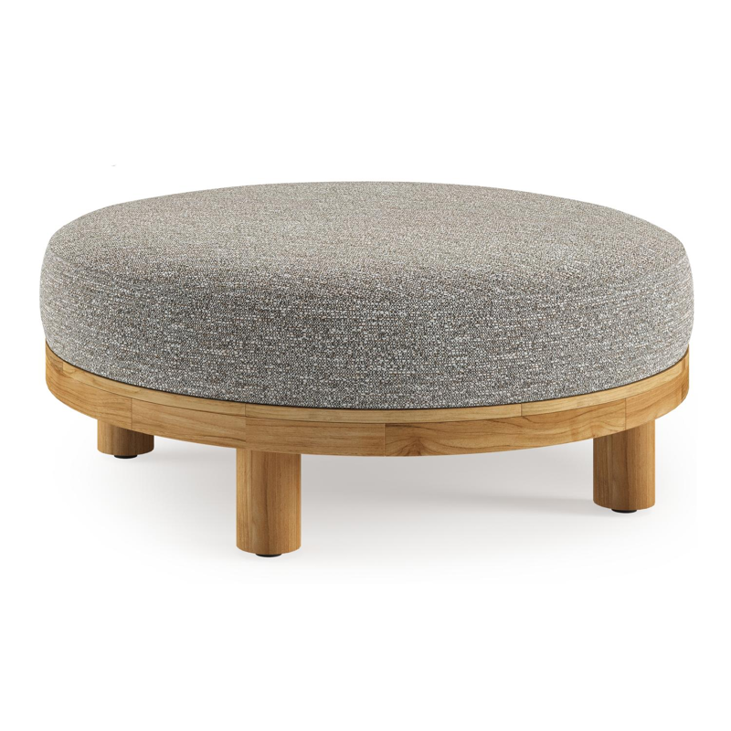 Salon de jardin pouf Donato en teck et corde ronde tissée verticalement beige et coussins en all weather sunbrella® luxe Tundra Pepper