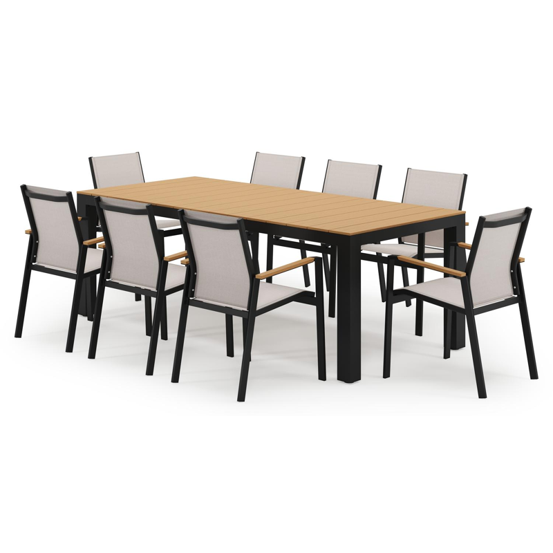 Ensemble de jardin Calzo en aluminium noir et polywood avec 8 chaises de jardin empilable Bahia
