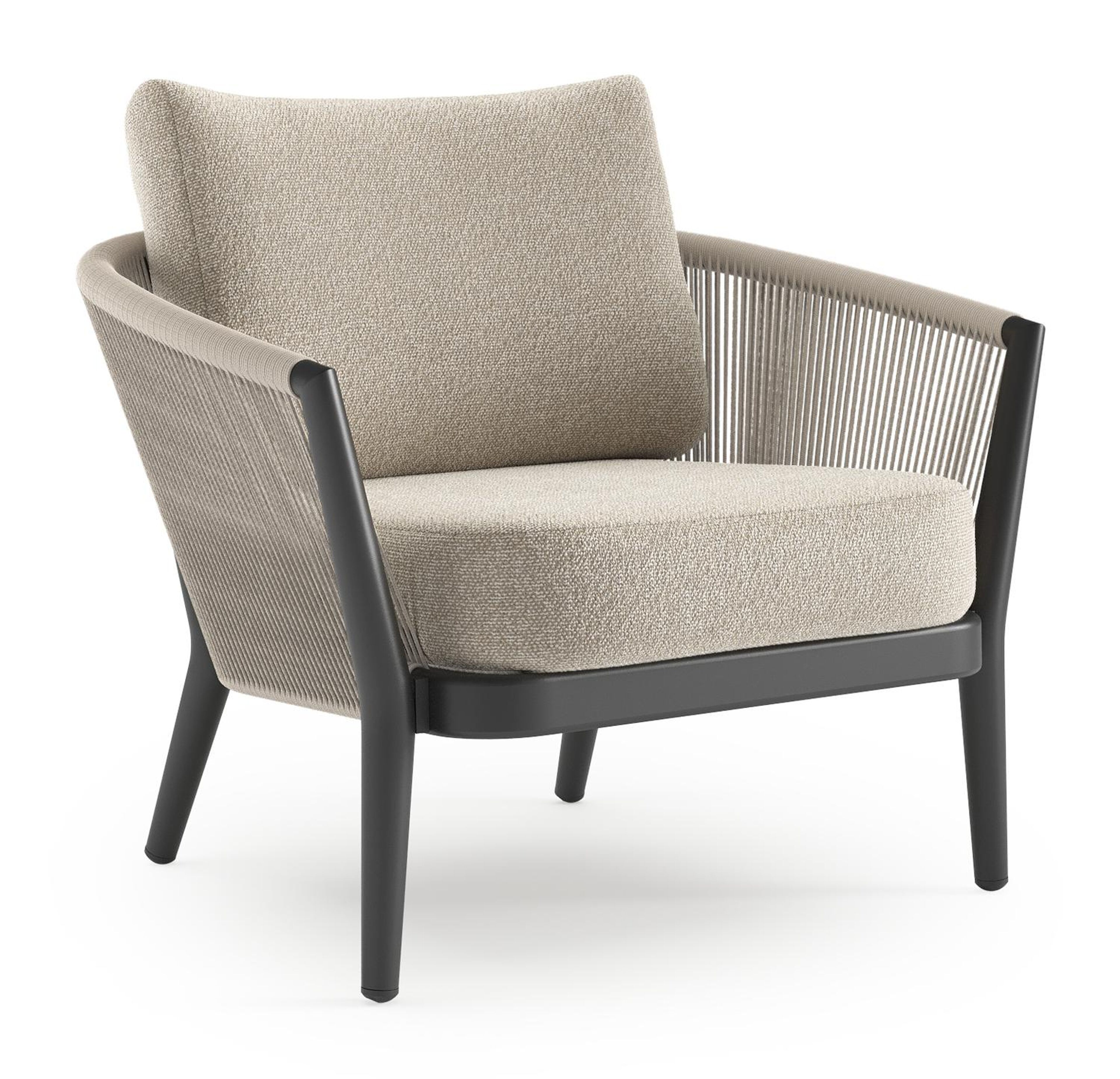 Orso loungestoel in zwart aluminium en beige verticaal geweven ronde rope met Marbella Ecru all weather cosytica kussen