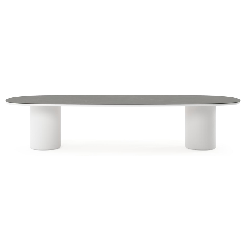 Table de jardin low dining Amico bombo en aluminium blanc et céramique pleine Calatorao - Lg. 320 x Lrg. 130 x Haut. 61 cm