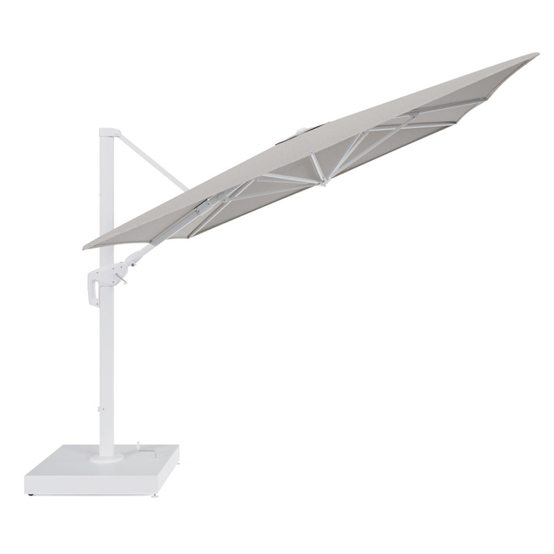 Minore zweefparasol met tiltfunctie in wit aluminium en Firenze Sand All Weather Solica parasoldoek - L1 400 x L2 300 cm met parasolvoet Minore 260 kg met wielen