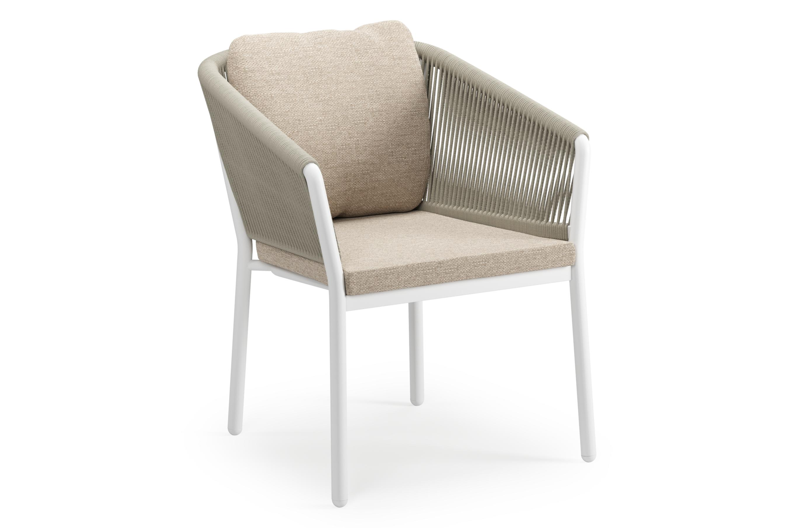 Gerona tuinstoel in wit aluminium en beige verticaal geweven ronde rope met kussen in Rustic Weather+ Softtouch