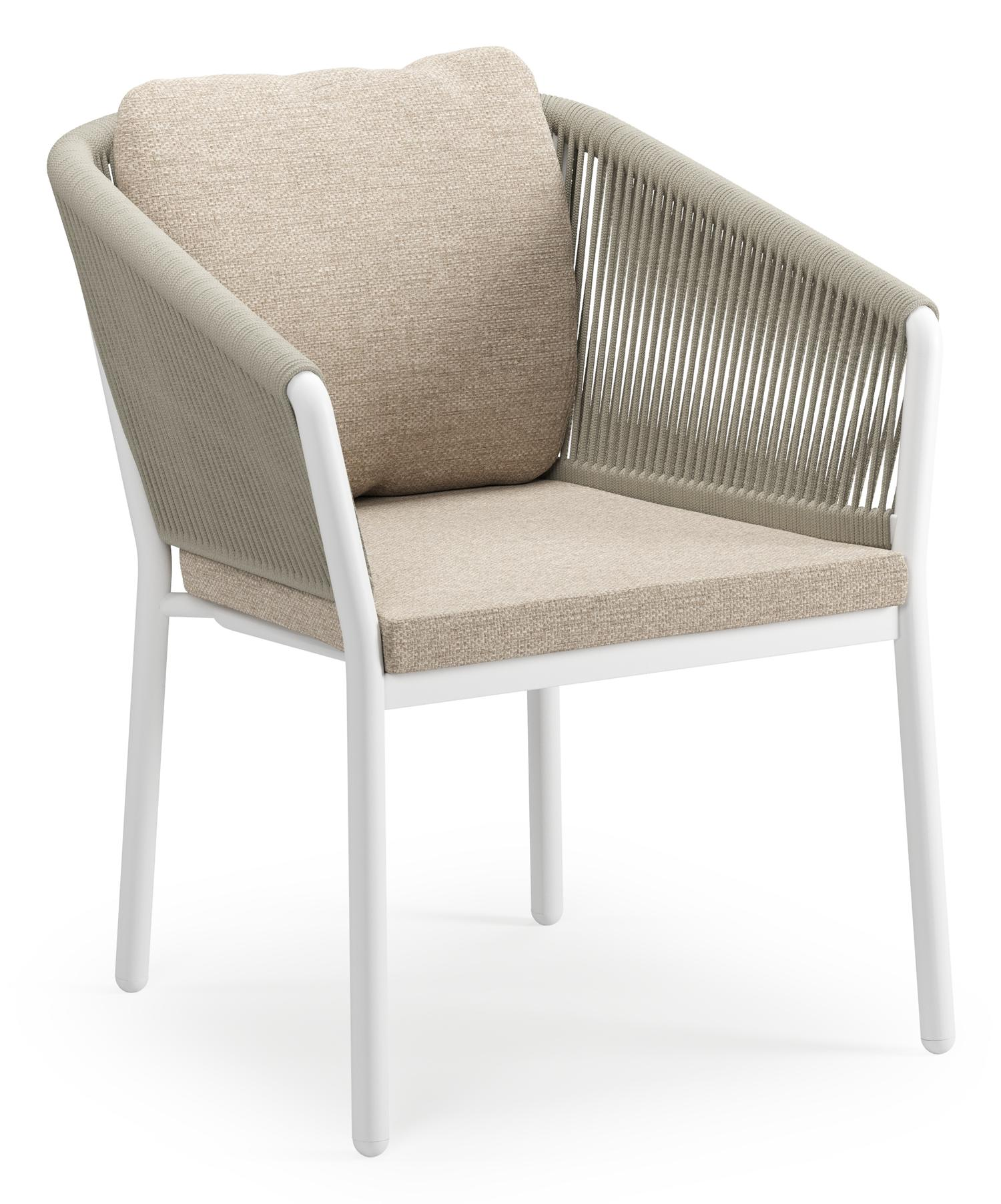 Chaise de jardin Gerona en aluminium blanc et corde ronde tissée verticalement beige avec coussin en Rustic Weather+ Softtouch