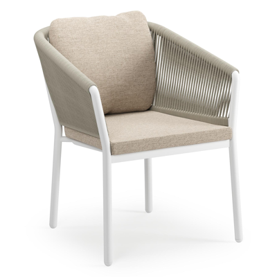 Gerona tuinstoel in wit aluminium en beige verticaal geweven ronde rope met kussen in Rustic Weather+ Softtouch