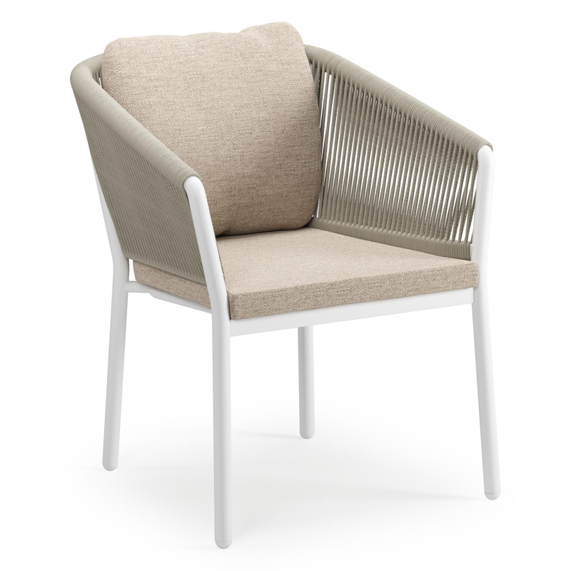 Gerona tuinstoel in wit aluminium en beige verticaal geweven ronde rope met kussen in Rustic Weather+ Softtouch