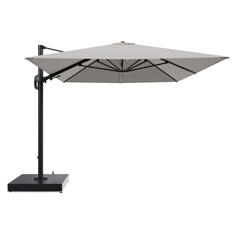 Rufina zweefparasol met tiltfunctie in zwart aluminium en Firenze Sand All Weather Solica parasoldoek - L1 400 x L2 300 cm met parasolvoet Minore 260 kg met wielen