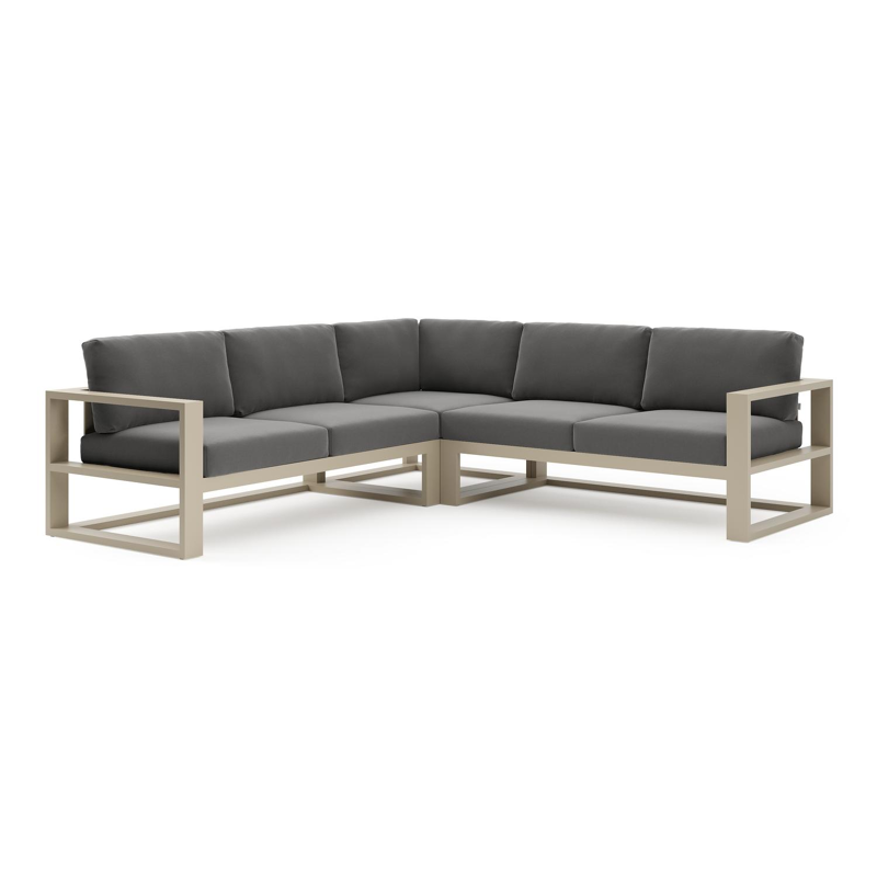 Verato loungehoek in beige aluminium met natte charcoal chine all weather sunbrella® luxe kussen