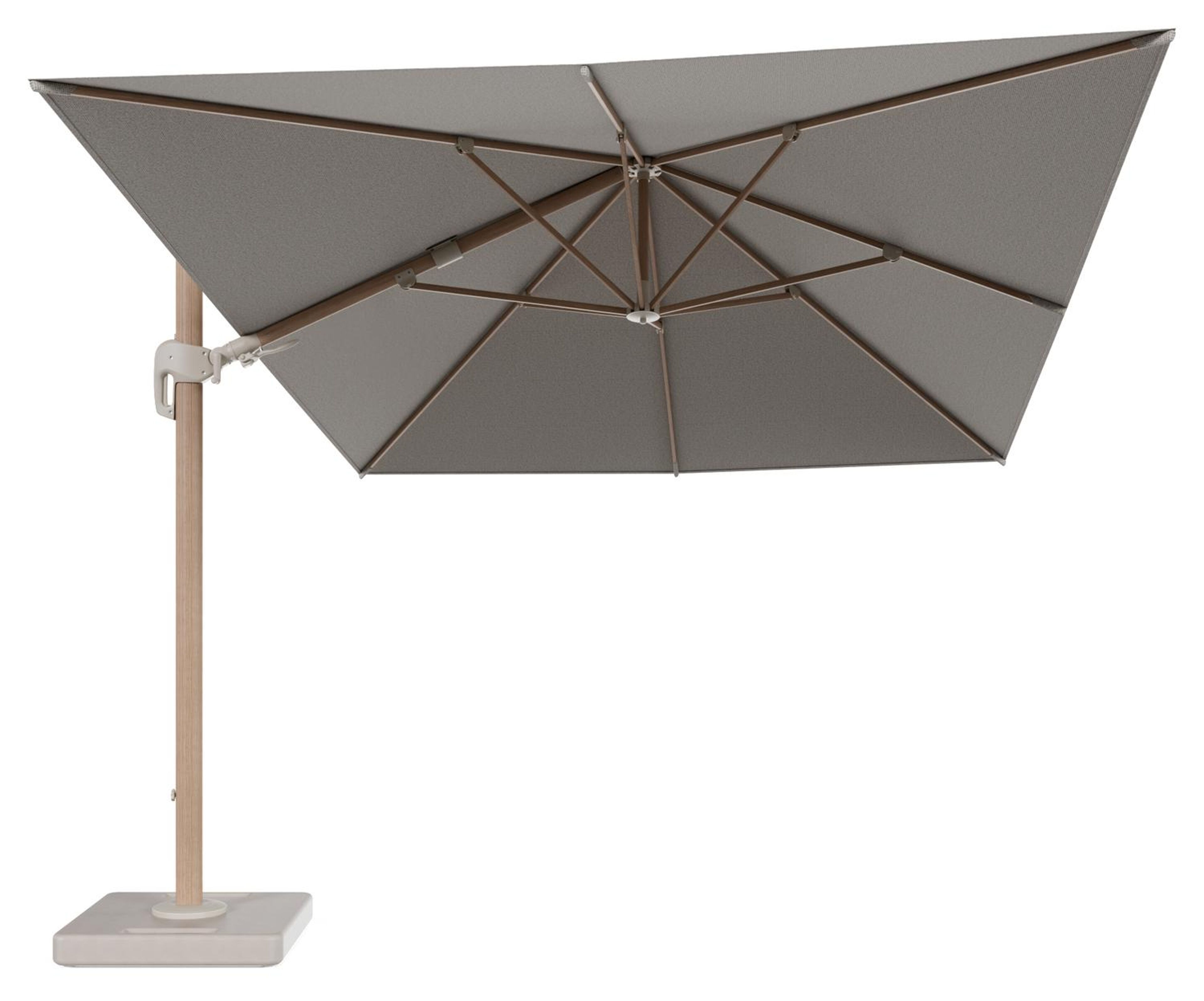 Rufina zweefparasol tiltfunctie in houtlook aluminium en parasoldoek in All Weather Solica Firenze Sand - L1 400 x L2 300 cm met parasolvoet Lapido 160 kg