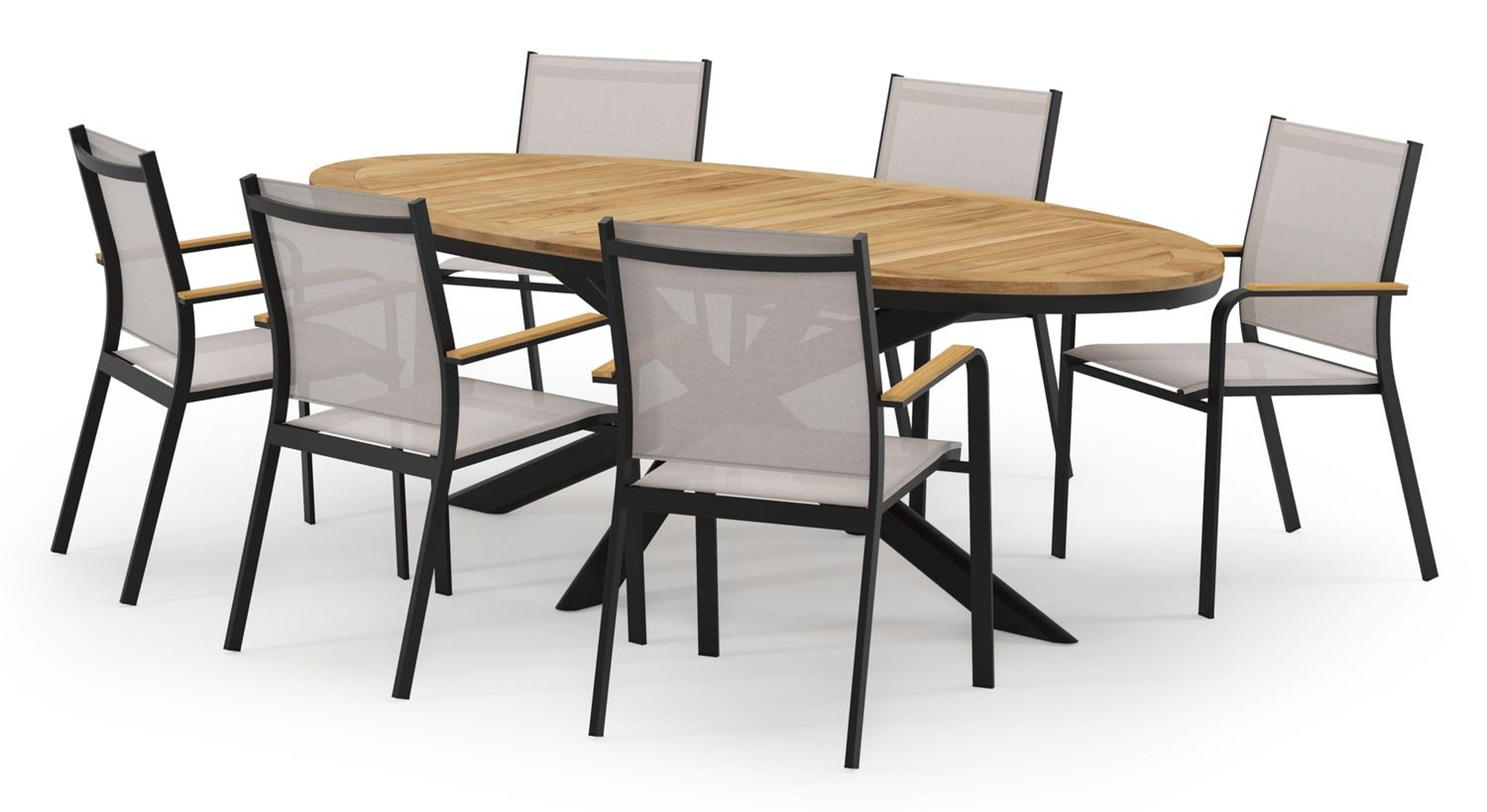 Pamplona ovale tuinset in zwart aluminium en teak natural finish met 6 Amalfi tuinstoelen