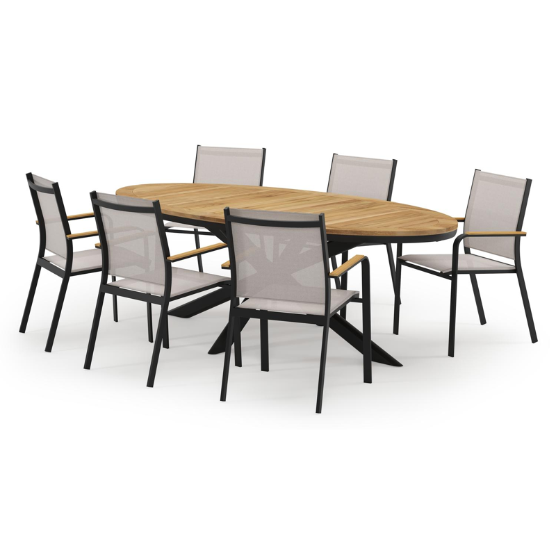 Pamplona ovale tuinset in zwart aluminium en teak natural finish met 6 Amalfi tuinstoelen