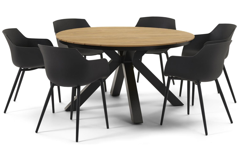 Tora tuinset in zwart aluminium en naturel polywood tafelblad met 6 Paco tuinstoelen