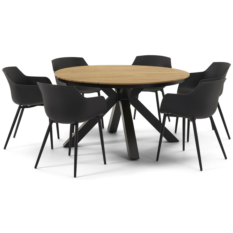 Tora tuinset in zwart aluminium en naturel polywood tafelblad met 6 Paco tuinstoelen