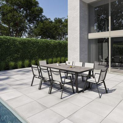 Alora tuinset in zwart aluminium en grijs keramische print tafelblad met 8 stapelbare Oviedo tuinstoelen