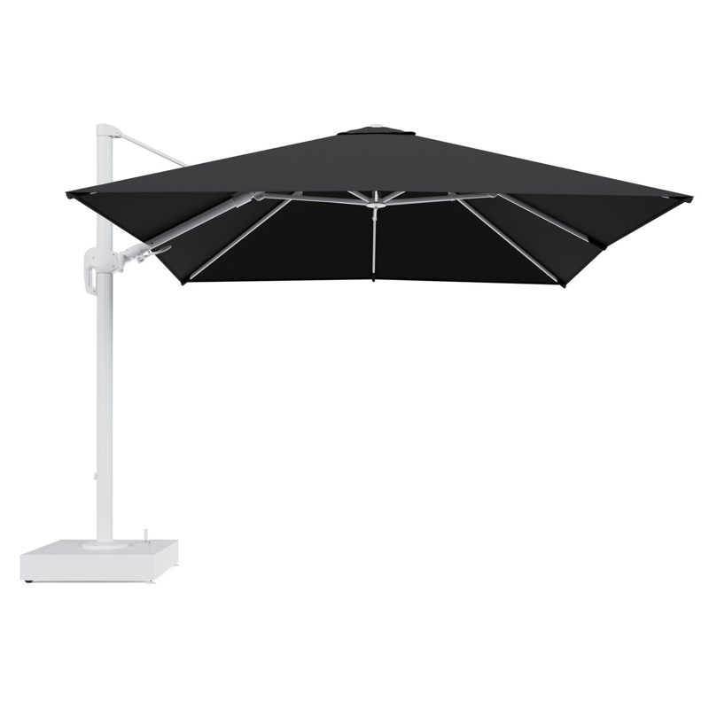 Rufina zweefparasol met tiltfunctie in wit aluminium en Natte Sooty All Weather Sunbrella® Luxe parasoldoek - L1 300 x L2 300 cm met parasolvoet Minore 150 kg met wielen