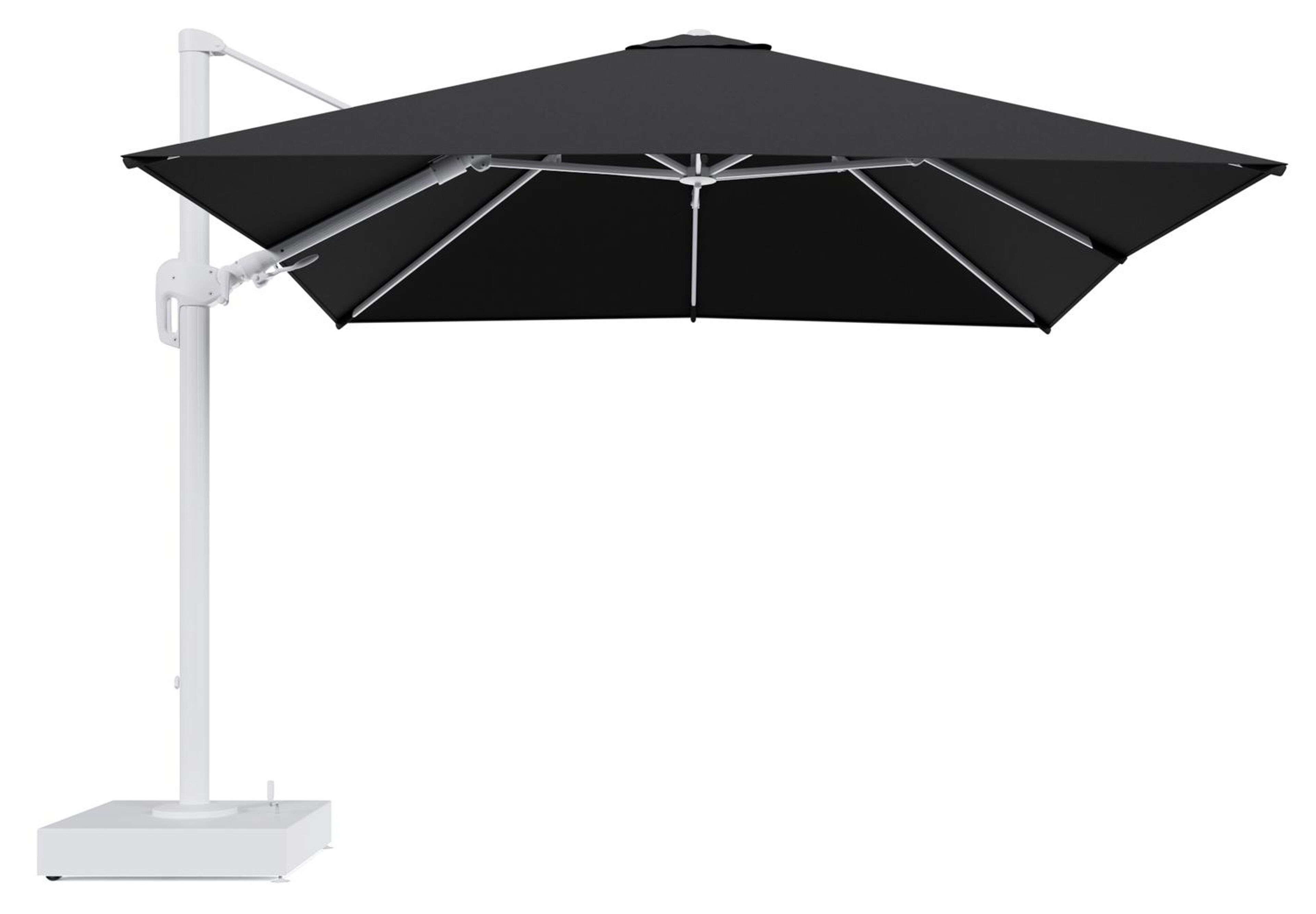 Rufina zweefparasol met tiltfunctie in wit aluminium en Natte Sooty All Weather Sunbrella® Luxe parasoldoek - L1 300 x L2 300 cm met parasolvoet Minore 150 kg met wielen