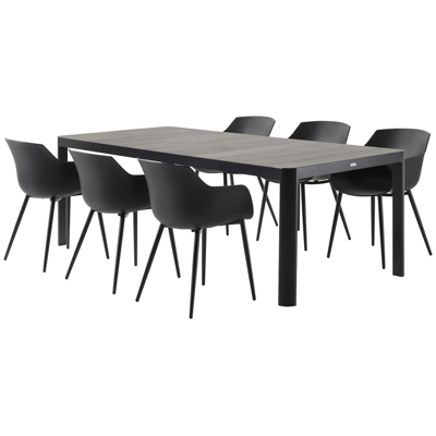 Ellara tuinset in zwart aluminium en grijs keramische tegels tafelblad met 6 Paco tuinstoelen