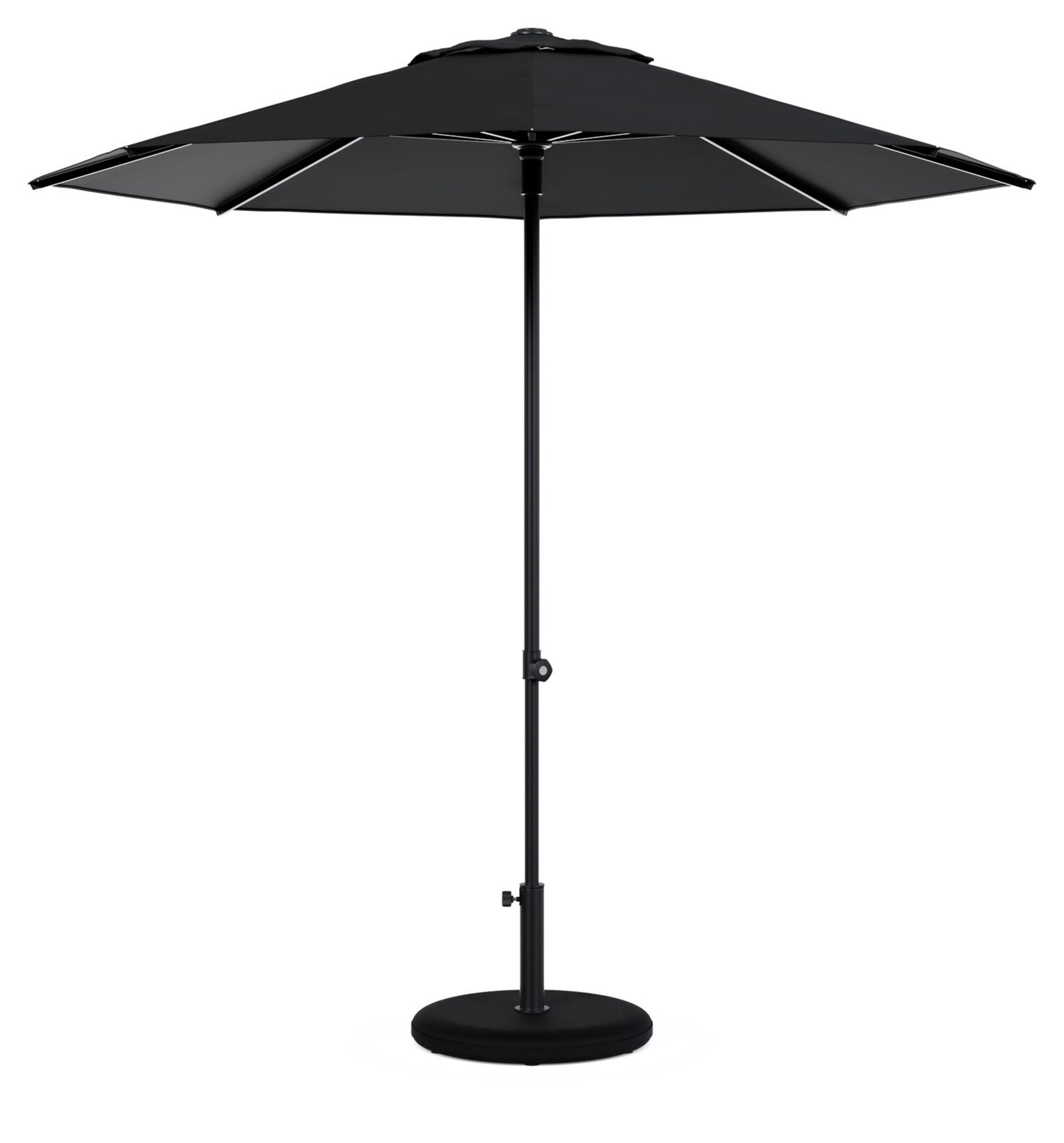 Umbria staanparasol in zwart aluminium en zwart Sunbrella® Premium parasoldoek - Dia. 250 cm met parasolvoet Plana 40 kg