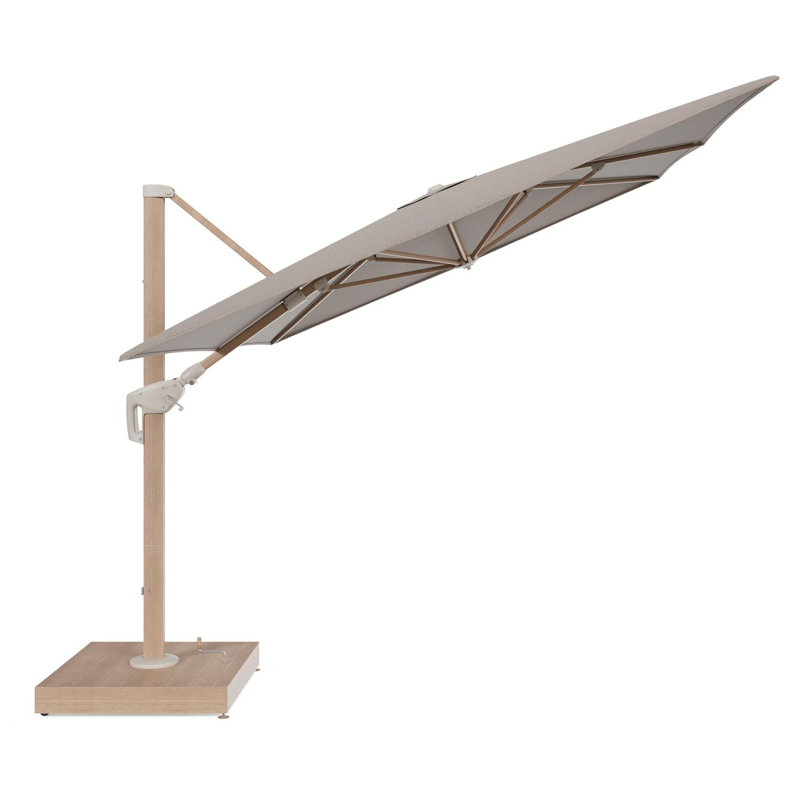 Parasol pendant Minore avec fonction tilt en aluminium aspect de bois et toile de parasol All Weather Solica Firenze Earth - Lg.1 400 x Lg.2 300 cm avec pied de parasol Minore 260 kg avec roulettes