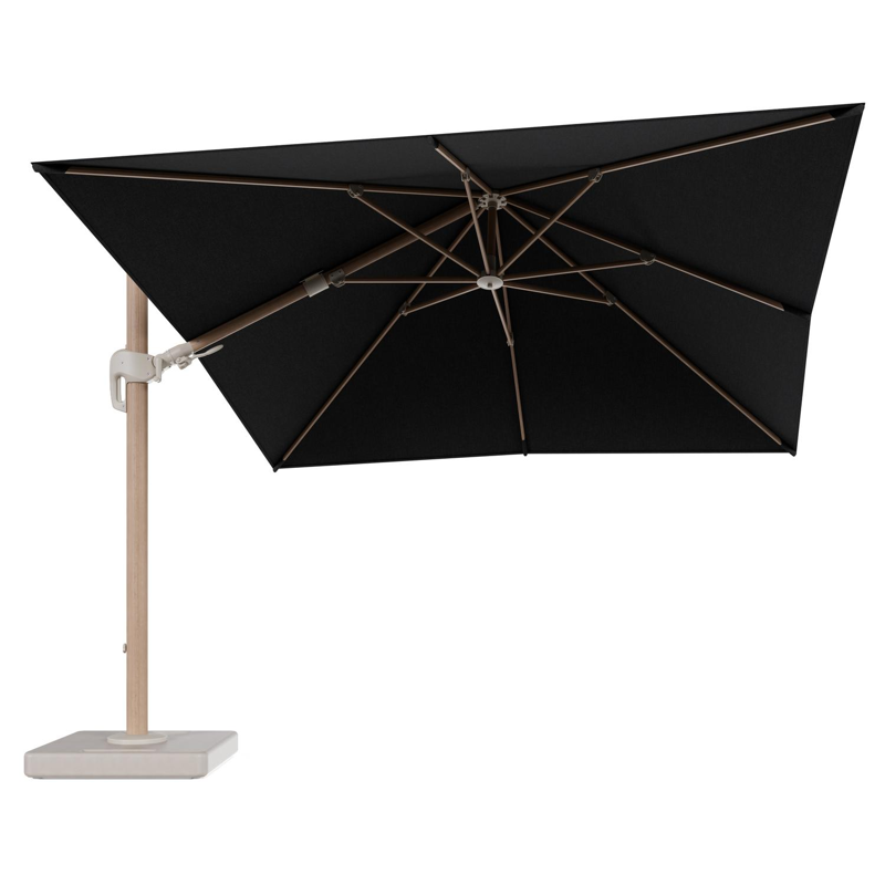 Parasol pendant Rufina avec fonction tilt en aluminium aspect de bois et toile de parasol en All Weather Sunbrella® Luxe Chartres Sooty - Lg.1 300 x Lg.2 300 cm avec pied de parasol Lapido 160 kg