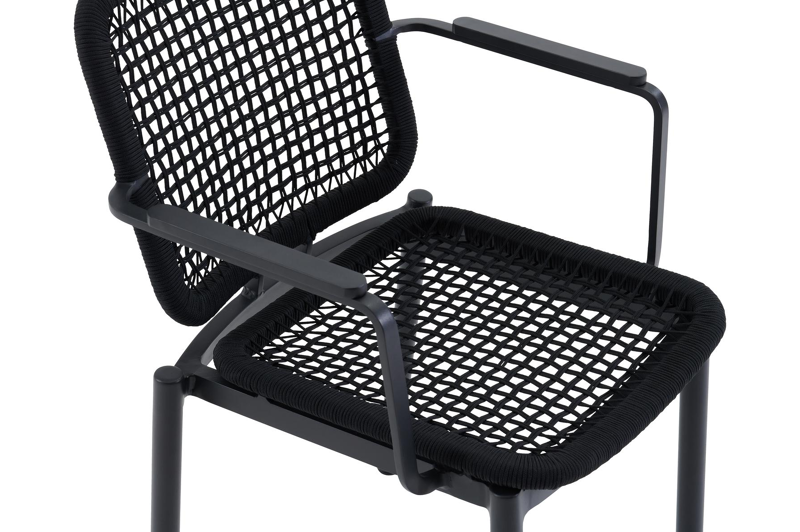 Fano stapelbare tuinstoel in zwart aluminium en zwart vierkant geweven rope