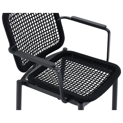 Fano stapelbare tuinstoel in zwart aluminium en zwart vierkant geweven rope