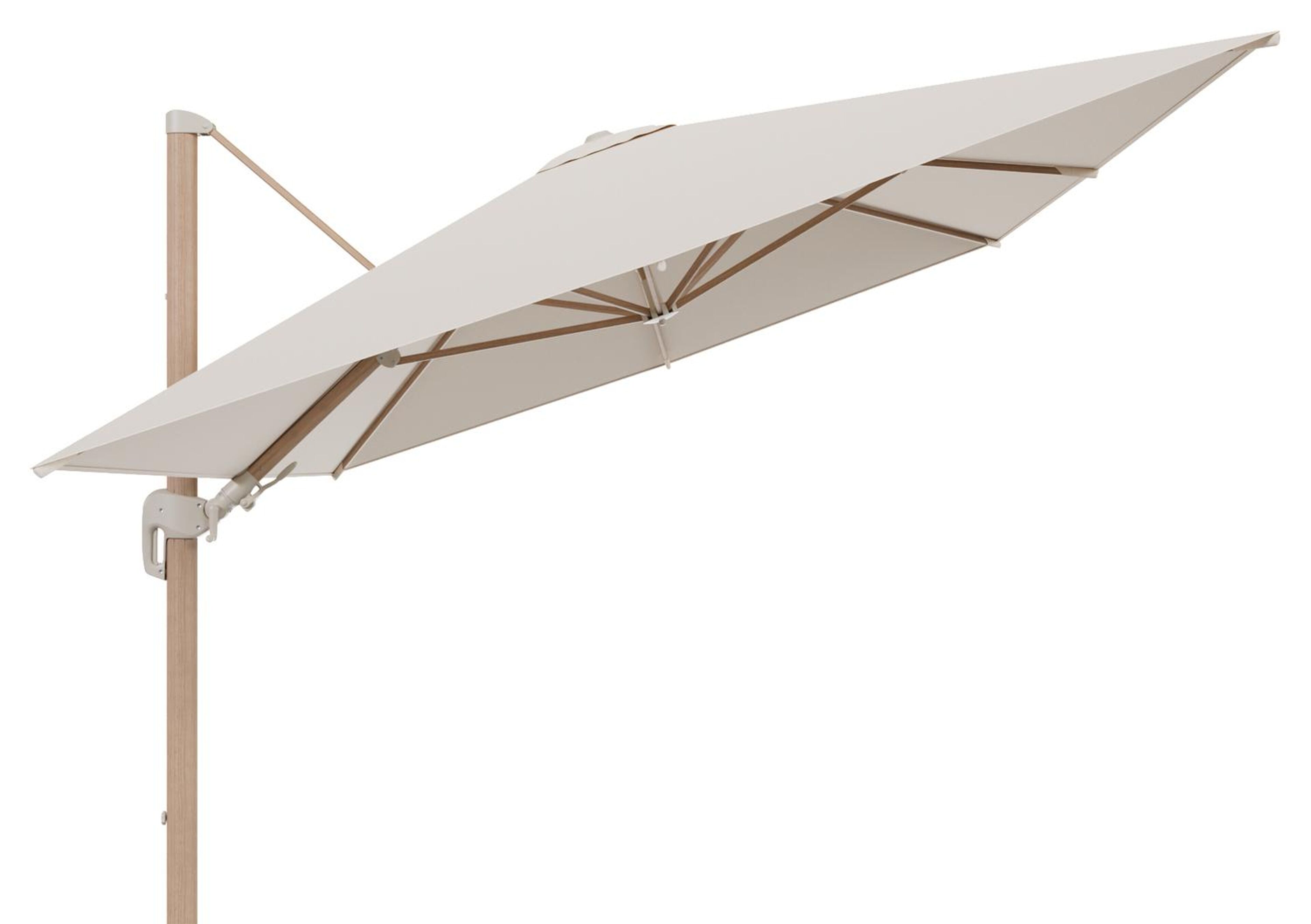 Rufina zweefparasol tiltfunctie in houtlook aluminium en parasoldoek in All Weather Sunbrella® Luxe Heritage Papyrus  - L1 400 x L2 300 cm (zonder voet) (zonder voet)