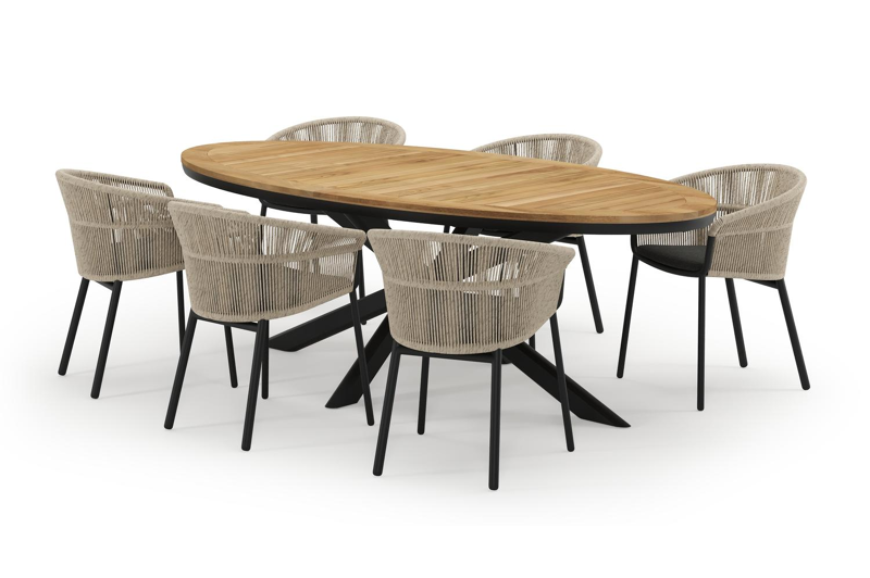 Pamplona ovale tuinset in zwart aluminium en teak natural finish met 6 Matera tuinstoelen