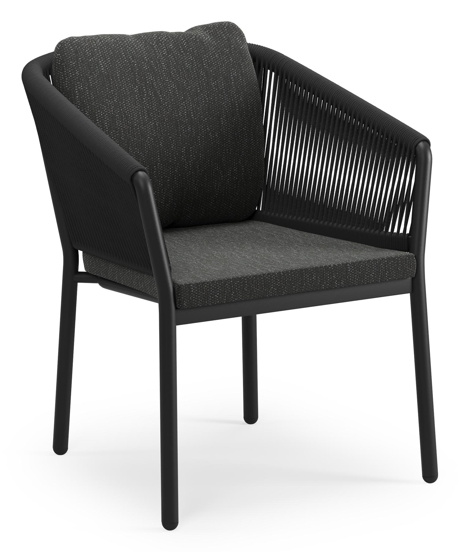 Chaise de jardin Gerona en aluminium noir et corde ronde tissée verticalement noir avec coussin en Sky Black Weather+ Softtouch