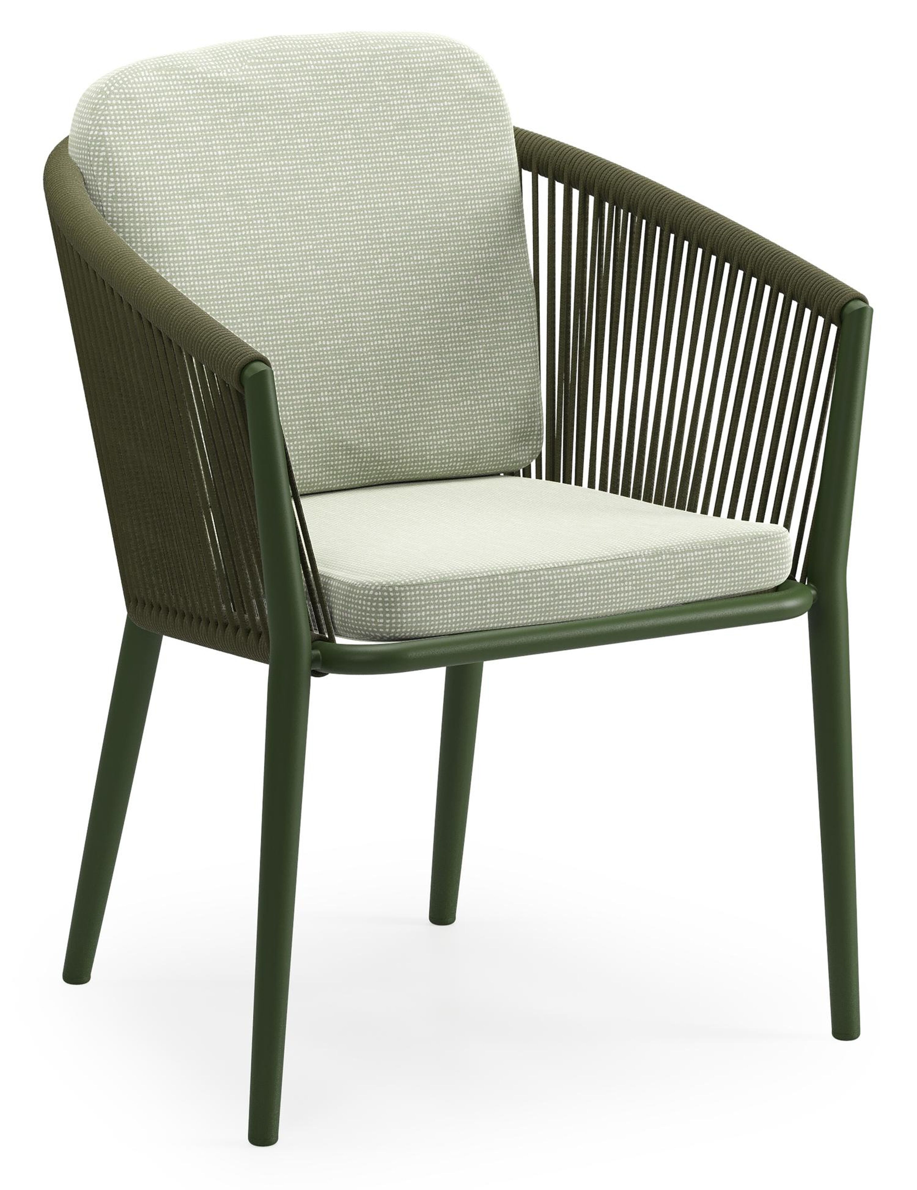 Orso tuinstoel in groen aluminium en groen verticaal geweven ronde rope met luxe zitkussen in All Weather Sunbrella® Luxe Slow Spirea