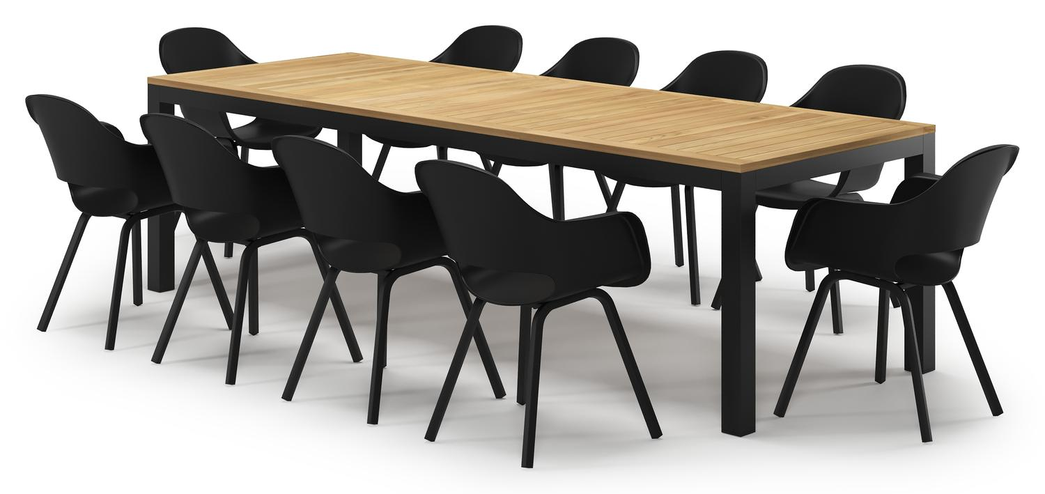 Varese tuinset in zwart aluminium en naturel teak tafelblad met 10 Artena tuinstoelen