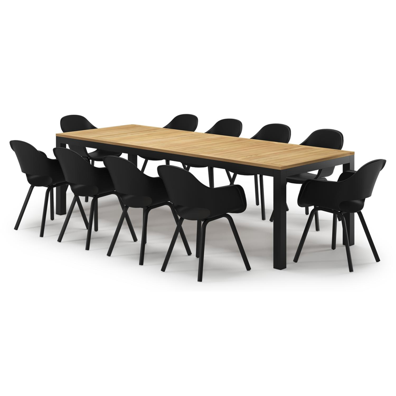 Varese tuinset in zwart aluminium en naturel teak tafelblad met 10 Artena tuinstoelen
