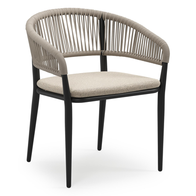 Tolfa stapelbare tuinstoel in zwart aluminium en beige verticaal geweven ronde rope met stoelkussen in All Weather Cosytica Marbella Beige