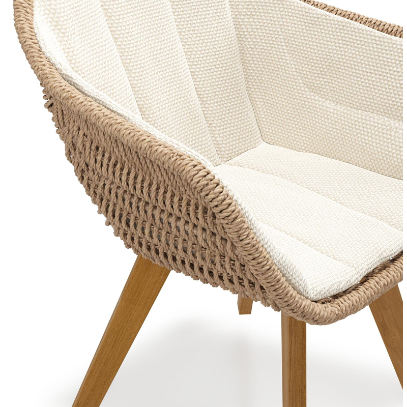 Pagino tuinstoel in teak en naturel ronde wicker met zitkussen in All Weather Cosytica Althea Off White
