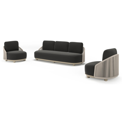 Vadelo loungeset in beige aluminium en beige verticaal geweven ronde rope met natte sooty all weather sunbrella® luxe kussen