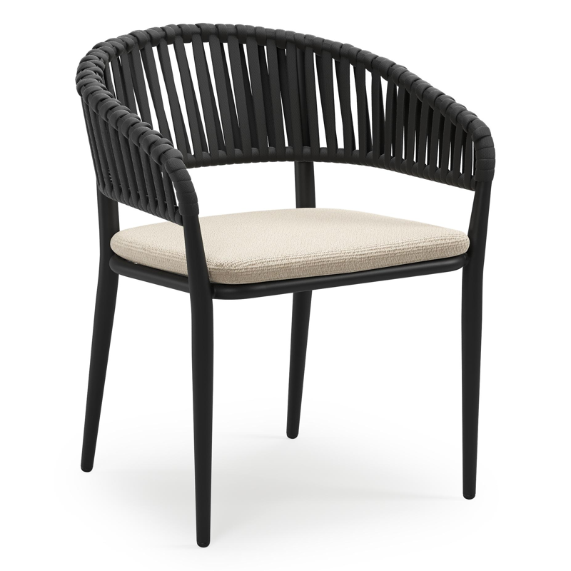 Tolfa stapelbare tuinstoel in zwart aluminium en zwart verticaal geweven luxe vlakke brede rope met stoelkussen in All Weather Cosytica Althea Chalk